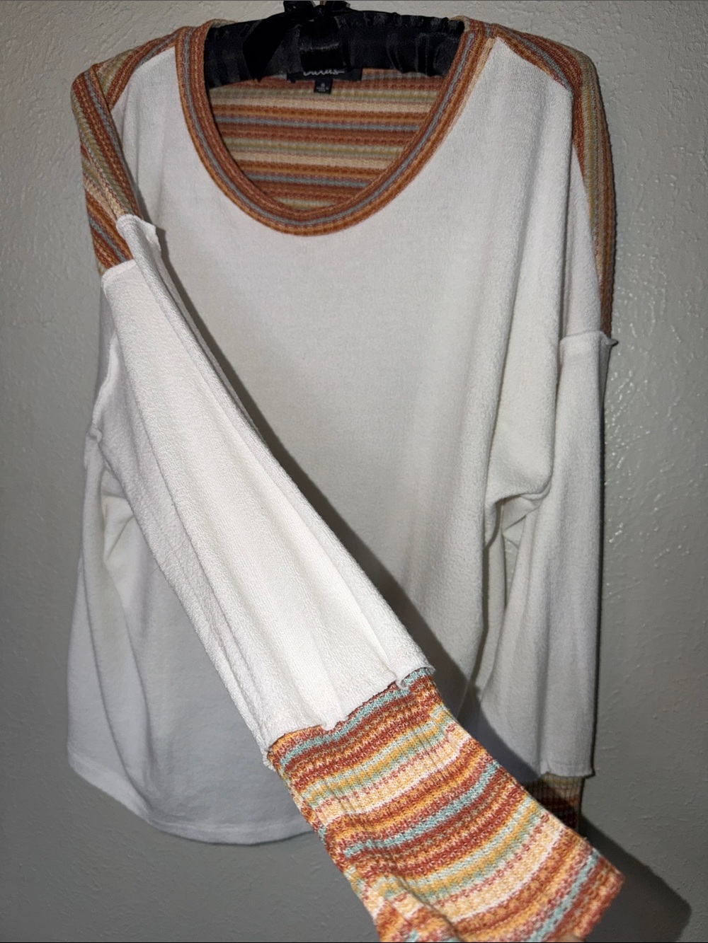 Lulus Ivory Pullover Knit Top w/ Contrast‎ Grunge Vintage Striped Trim Sz S - Picture 3 of 17